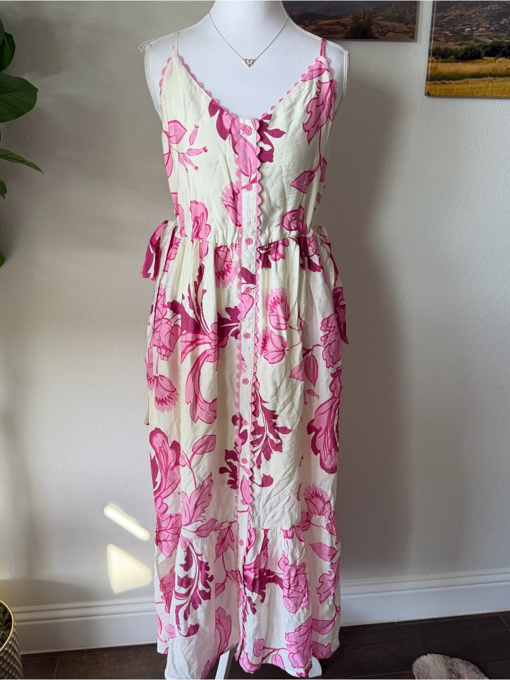 entro Pink & Cream Floral Button-Front Maxi Dress